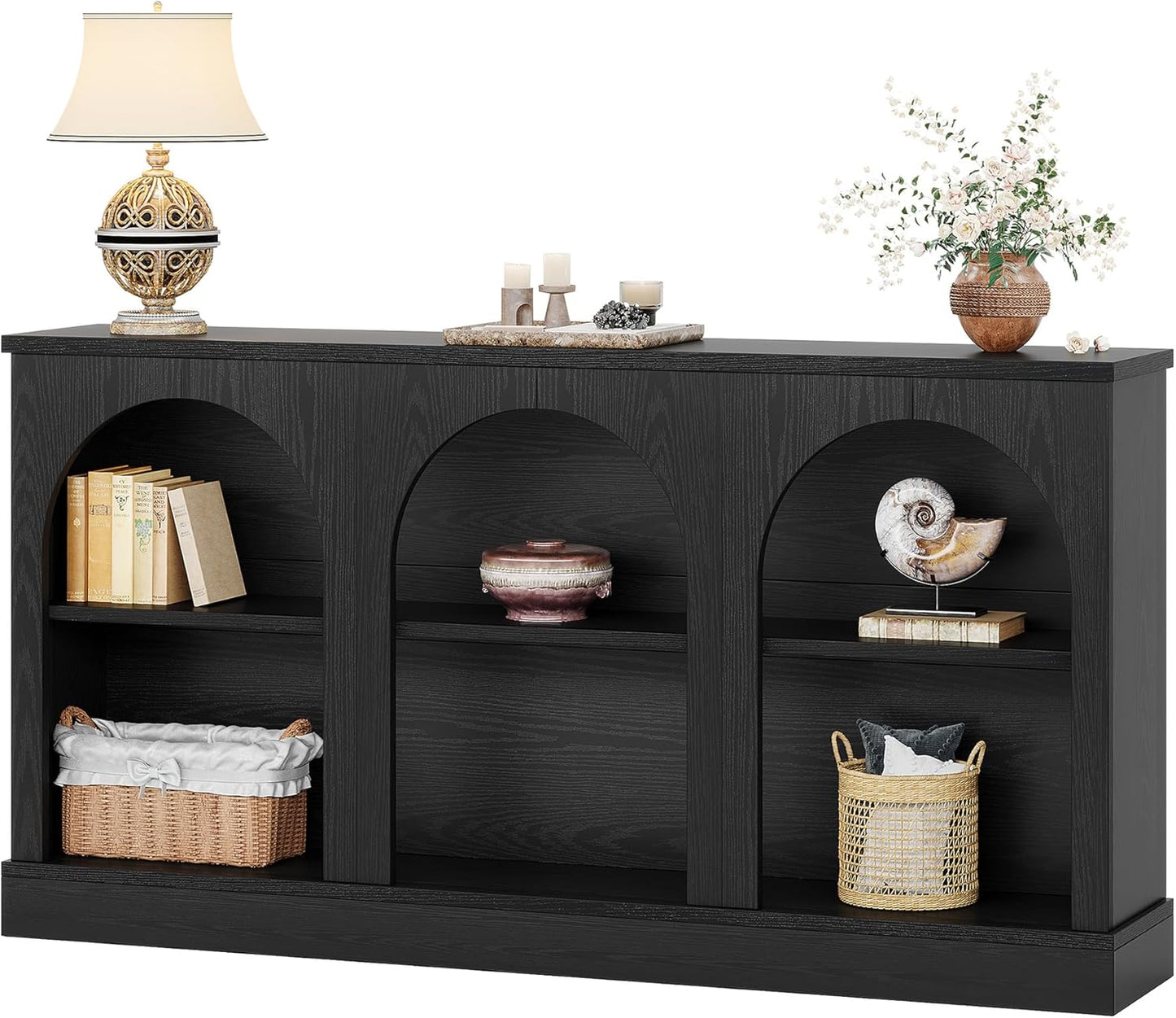 Black farmhouse console table with three tier storage, view 9