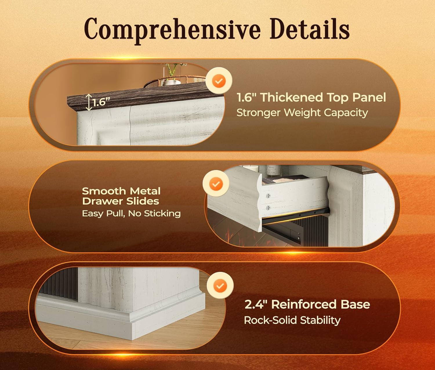 70'' Fireplace TV Stand with 42'' Electric Fireplace, Farmhouse TV Stand for 65 75 Inch TV, Entertainment Center TV Console with 3 Drawers, Fluted Design, for Living Room, Distressed White