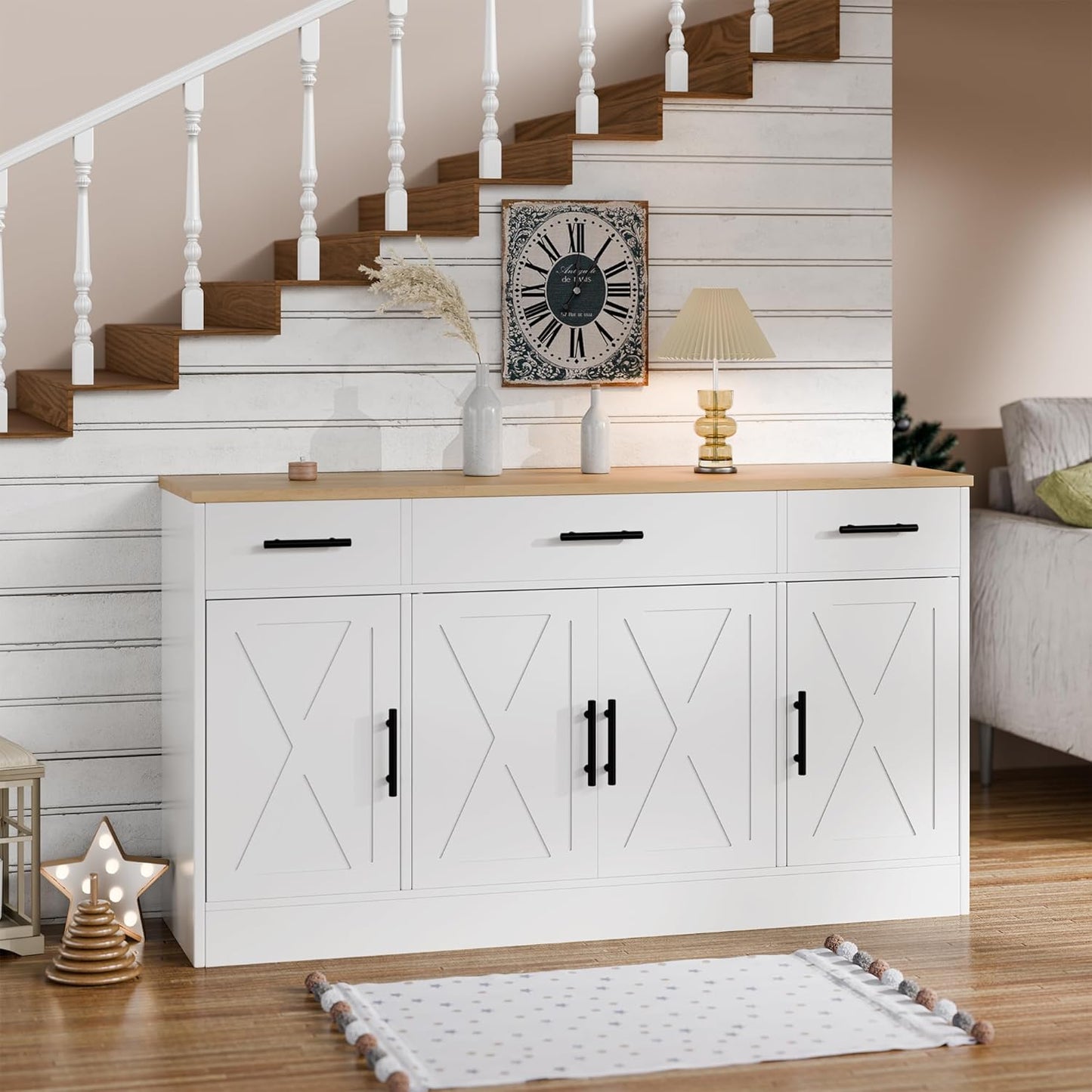 Buffet Cabinet with Storage, Farmhouse Storage Cabinet with 4 Doors and 3 Drawers, Wood Buffet Table with Adjustable Shelf for Living Room, White