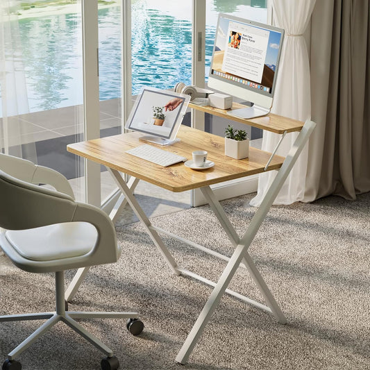 Portable Small Desk No Assembly, 2-Tier Compact Computer Desk with Shelf, Space Saving Foldable Table for Home Office, Bedroom or Apartment, Portable Collapsible Sturdy Laptop Desk, Oak