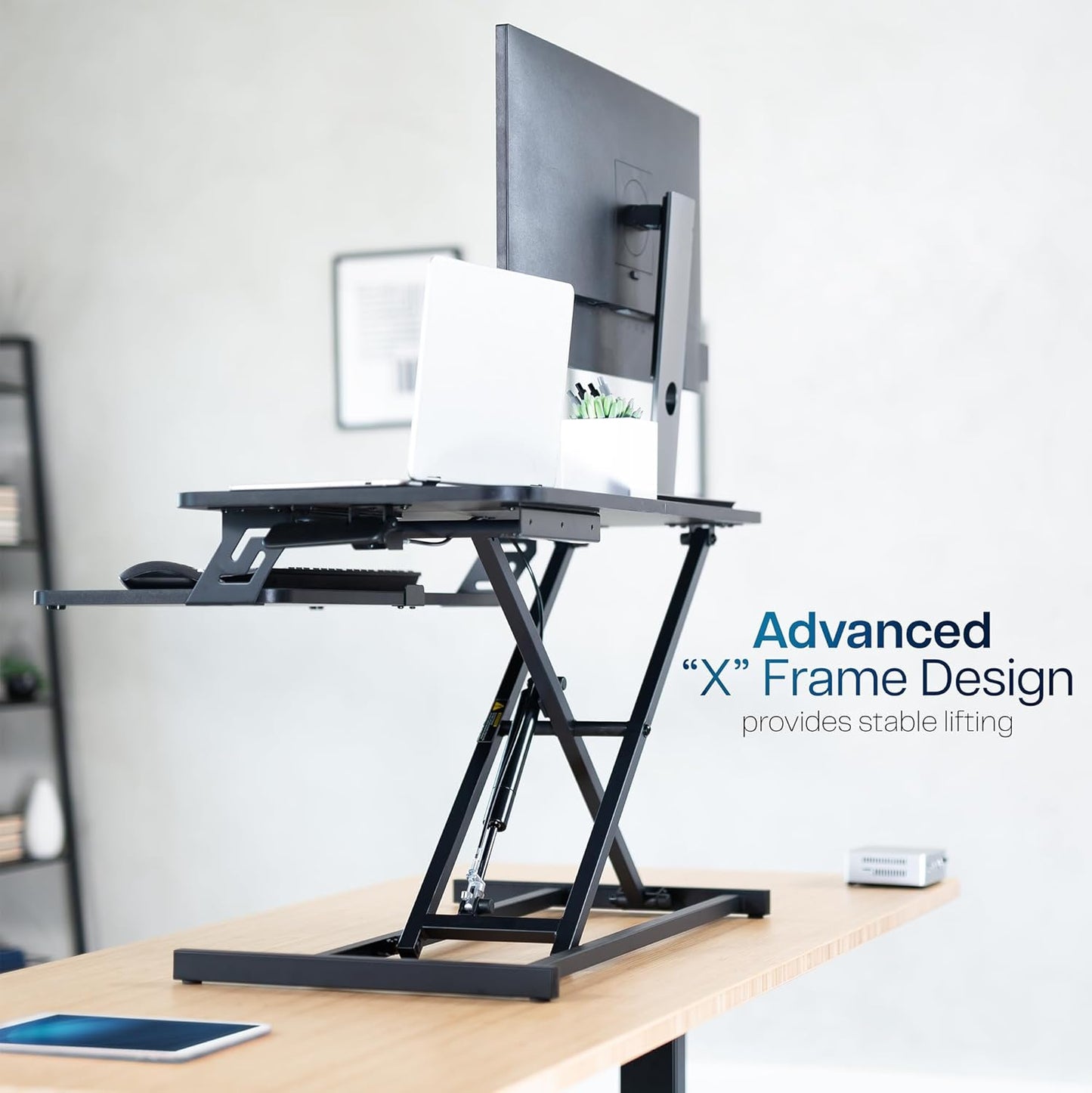 Height Adjustable 32 Inch Stand up Desk Converter, Quick Sit to Stand Tabletop Dual Monitor Riser Workstation, Black, DESK-V000S