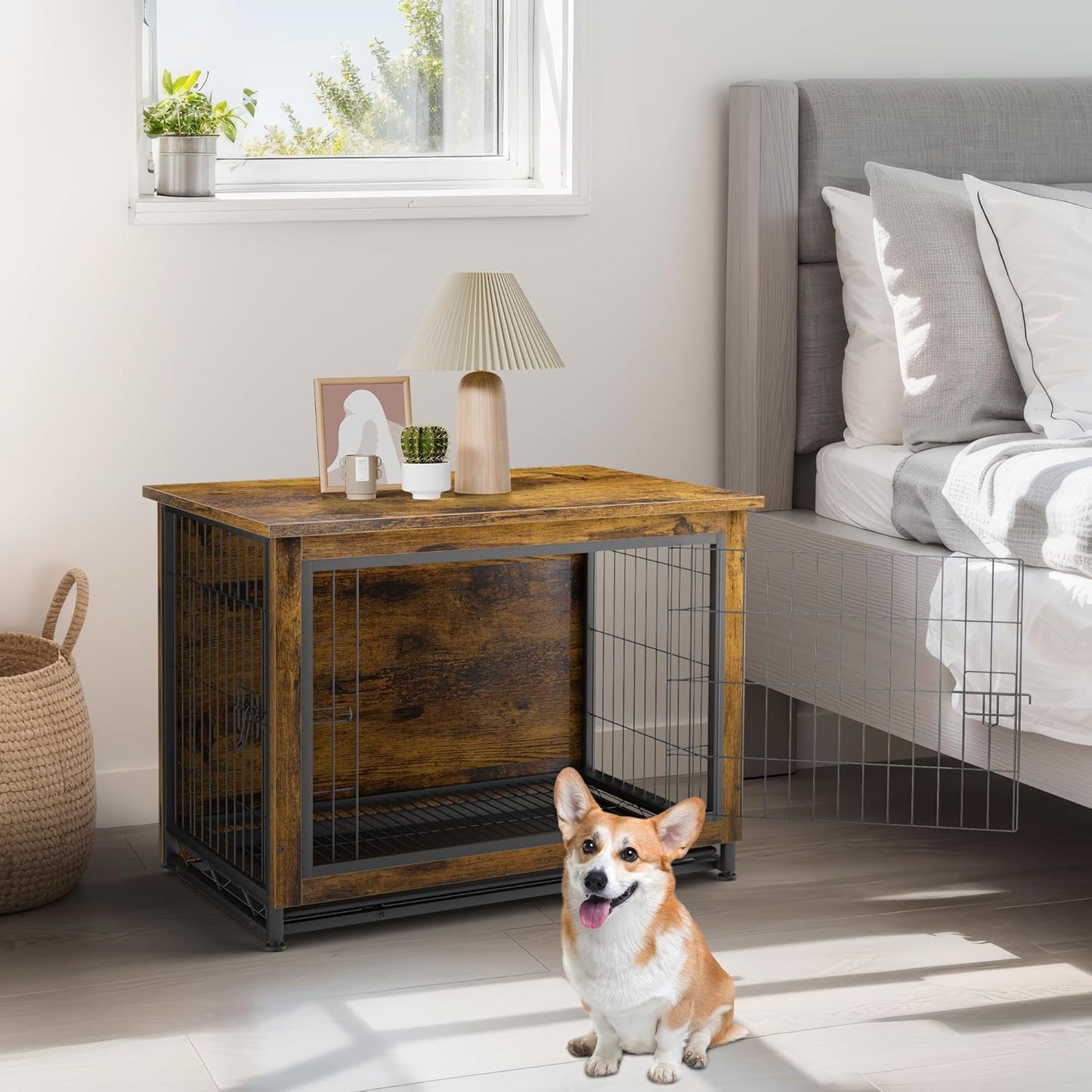 Dog Crate Furniture, Wooden Dogs Crate Table, Double-Doors Dog Furniture, Indoor Dog Kennel, Dog House, Dog Cage/Brown/S