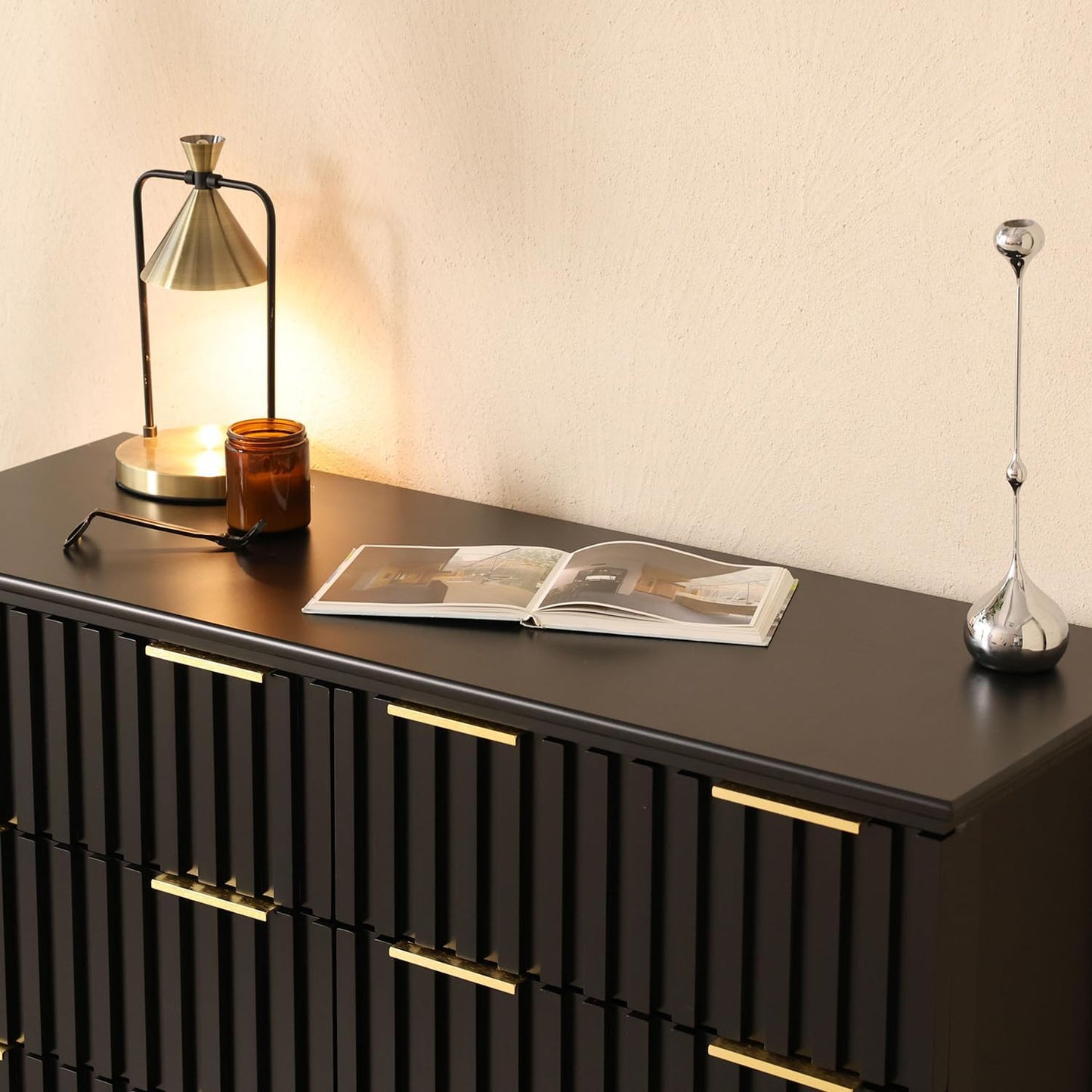 3 Piece Dresser and Nightstand Sets Modern Fluted Bedroom Set with 6 Drawer Dresser & 2 Nightstands,Mdf Wood, Gold Handles, Black Finish, Storage Furniture for Bedroom, Closet, Apartment
