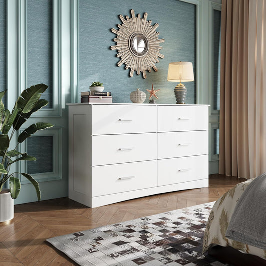 White Dresser with 6 Drawers, Wide Wood Chest of Drawers for Bedroom, Large White Storage Tower Unit, Modern Minimalist Closet Store Organizer for Living Room, Hallway