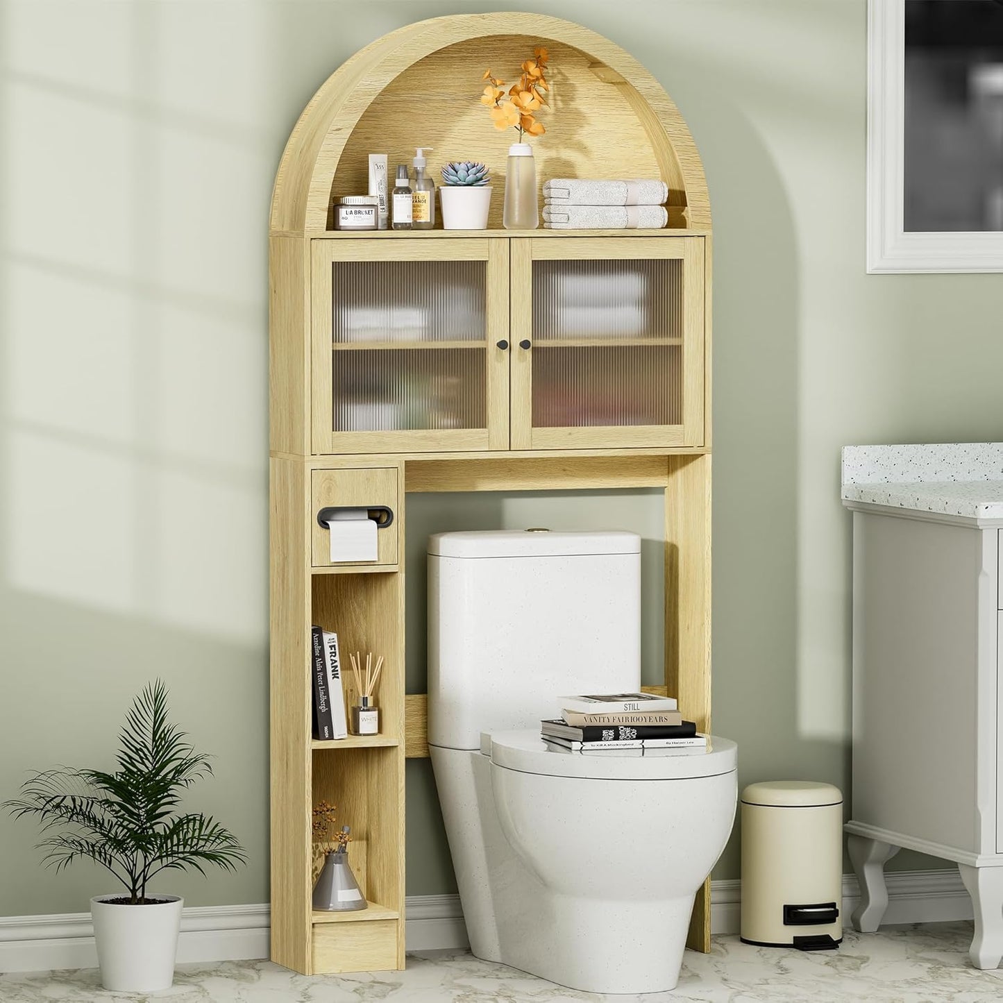 Over the Toilet Storage Cabinet, 31''W Arched Space-Saving Bathroom Organizer with Adjustable Shelf and Acrylic Doors, Freestanding over Toilet Cabinet for Bathroom, Laundry, Restroom (Oak Wood)