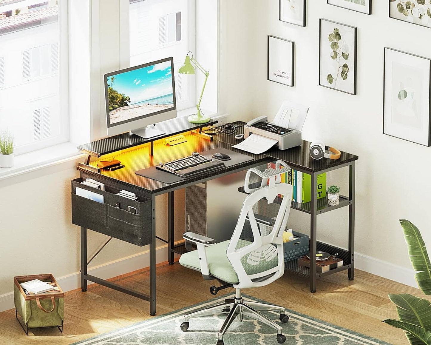 48 Inch Gaming Desk with USB Charging Ports and LED Lights, Reversible L Shaped Computer Desk with Storage Shelves & Monitor Stand, Corner Gamer Desk Table with Power Outlets, Black