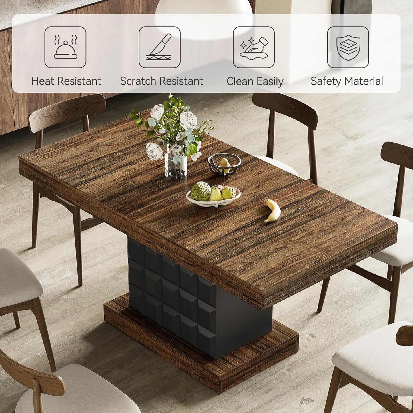 63" Modern Dining Table, Rectangular Dinner Table for 4-6, Farmhouse Kitchen Table, Sturdy Wood Pedestal Base for Kitchen/Dining Room, Rustic Brown & Black