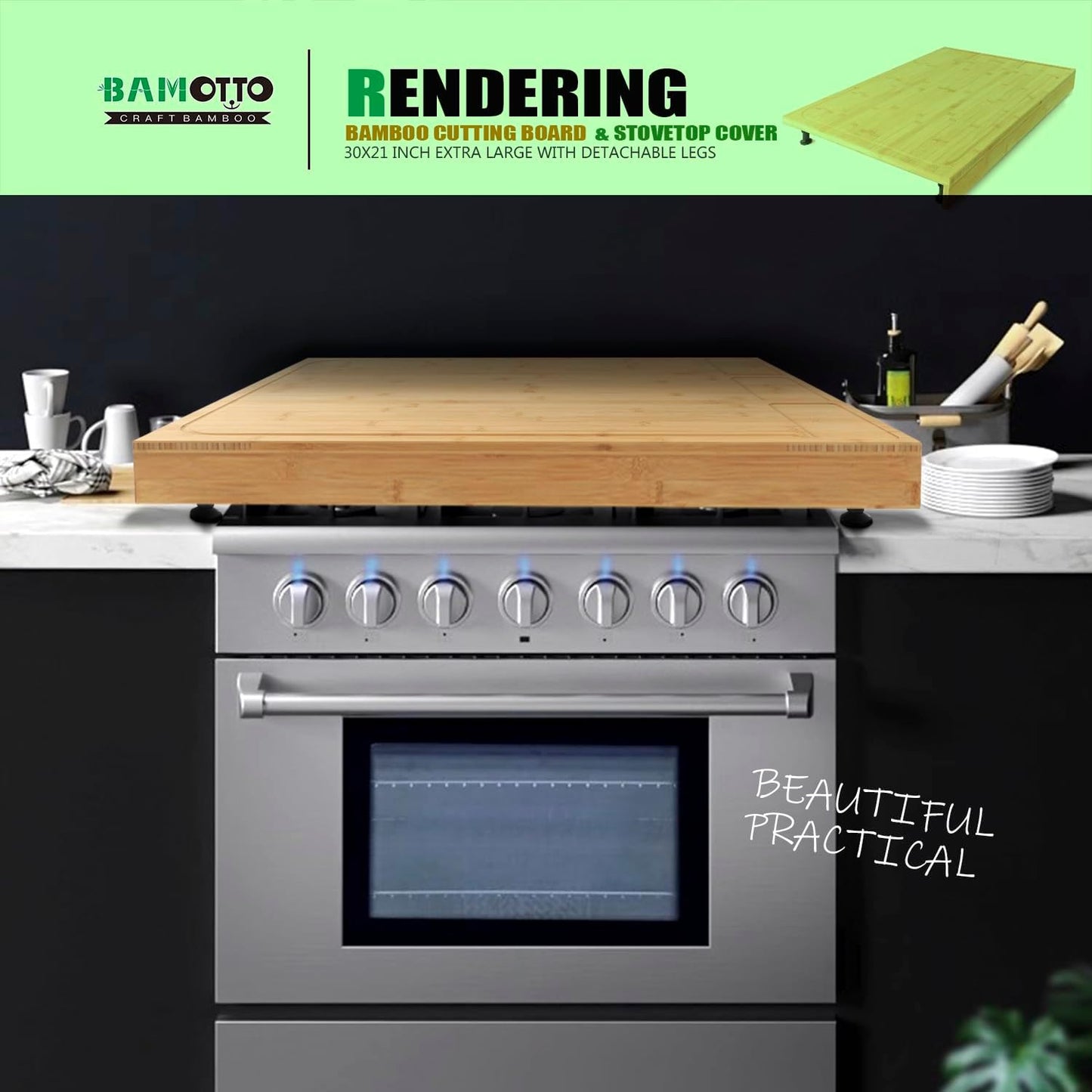30 X 21 in Extra Large Bamboo Cutting Board and Stovetop Cover, Stove Top Cover Chopping Board with Detachable Legs and Juice Groove, Sink Cover Board, for Restaurant Kitchen Countertop