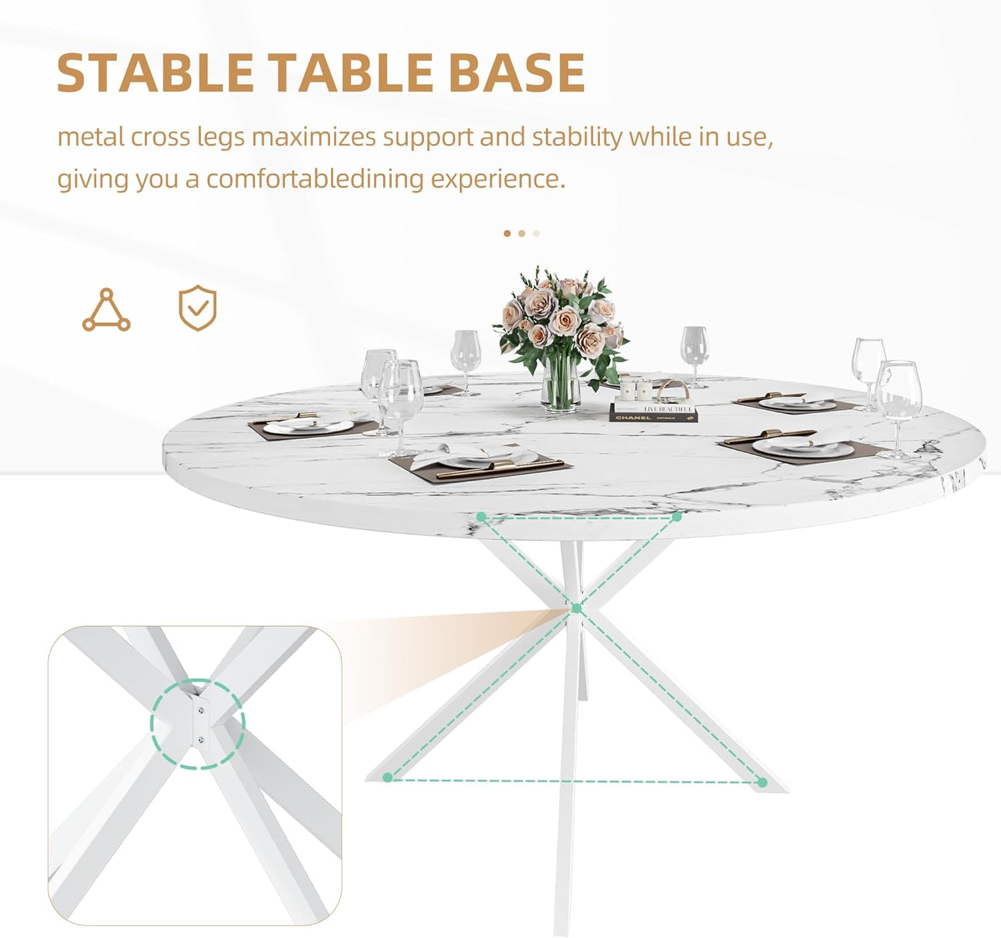 47.24" round Dining Table for 4-6 Person, round Kitchen Table with Wood Top, Circle Dinner Pedestal Tables with Metal Legs for Dining Room Kitchen (White Marble)