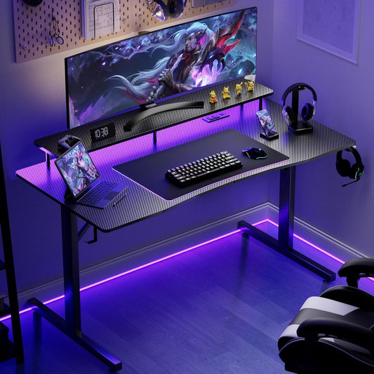 Gaming Desk with LED Lights, 55 Inch Large Computer Gamer Desk with Monitor Stand & Power Outlet, Ergonomic Carbon Fiber Surface Gaming Table with Mouse Pad for Home Office, Carbon Black