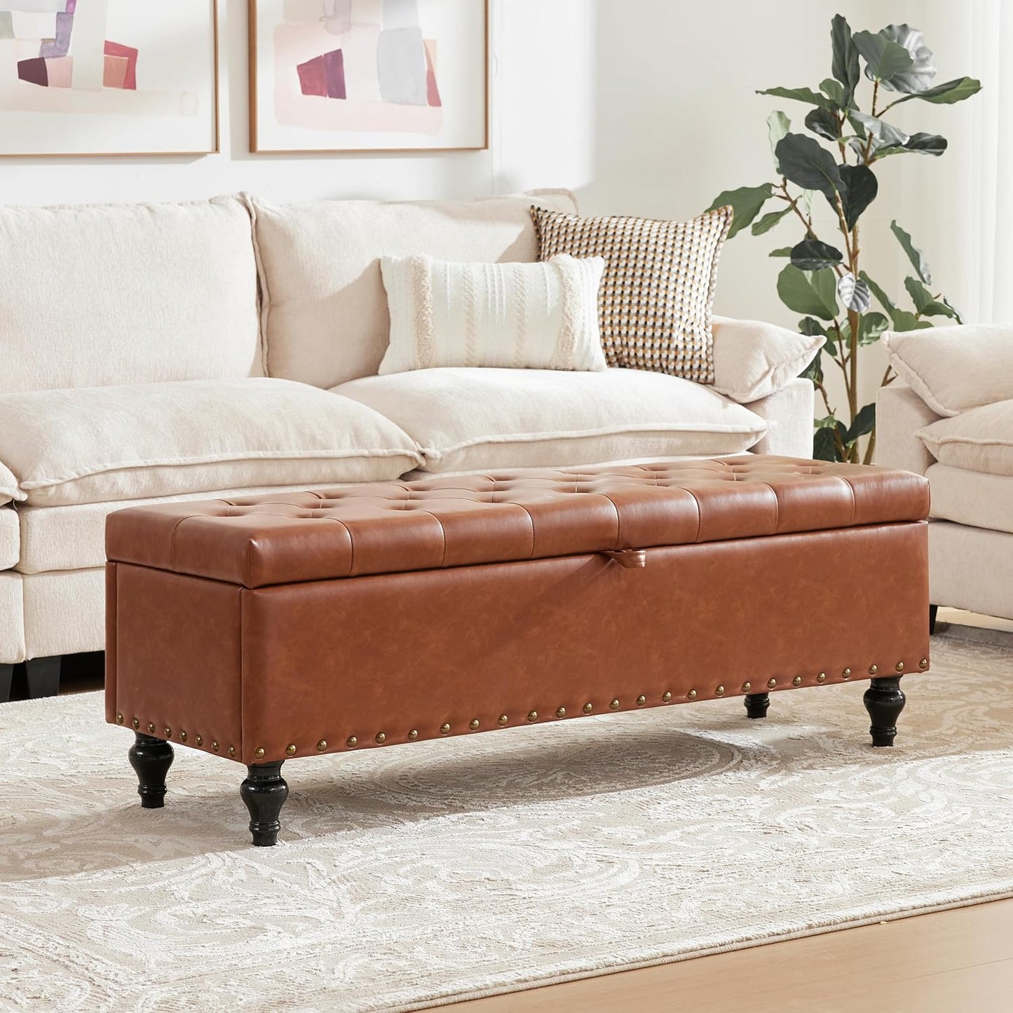 51.8’’ Storage Ottoman Bench, Faux Leather Ottoman with Storages, Window Benches Holds up to 330Lbs, Upholstered Storage Bench for Bedroom, Living Room, Entryway and Family Room, Light Gray