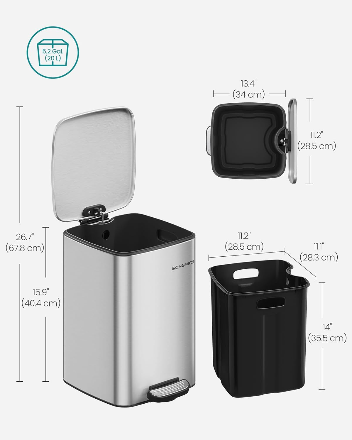 Metallic silver stainless steel kitchen trash can with soft close lid, view 7
