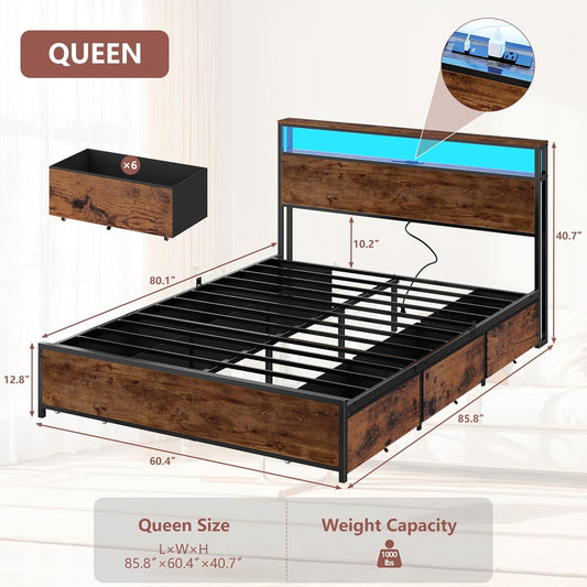 Queen Bed Frame with Headboard & 6 Drawers, Metal Platform Bed Frame Queen Size with Charging Station,Led Lights,2 Tier Shelf Storage Bedframe-No Box Spring Needed,Noise Free,Rustic Brown