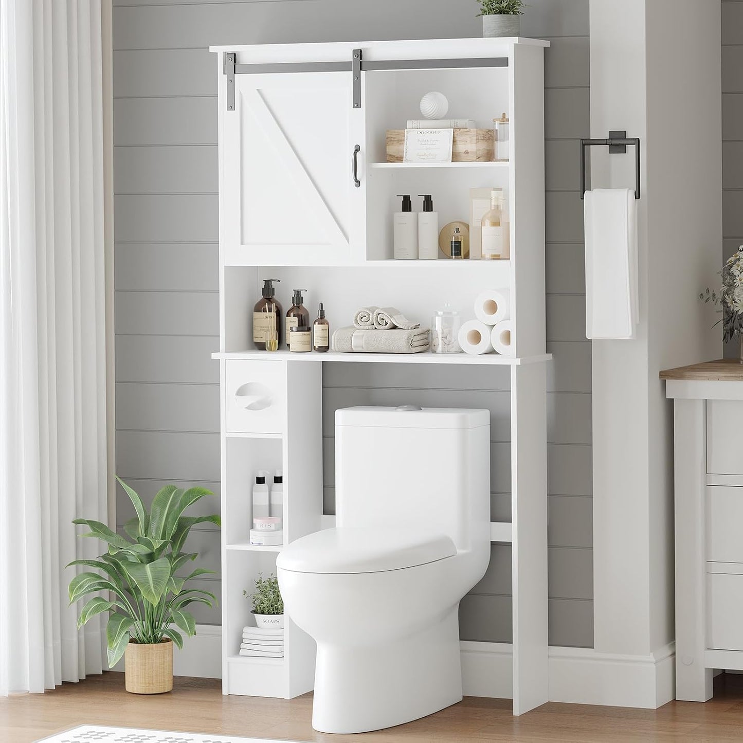 Over-The-Toilet Storage Cabinet, Bathroom Organizer with Double Doors, Adjustable Shelves, Space-Saving Toilet Shelf for Small Bathrooms, White, Freestanding Design