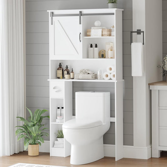 Over-The-Toilet Storage Cabinet, Bathroom Organizer with Double Doors, Adjustable Shelves, Space-Saving Toilet Shelf for Small Bathrooms, White, Freestanding Design