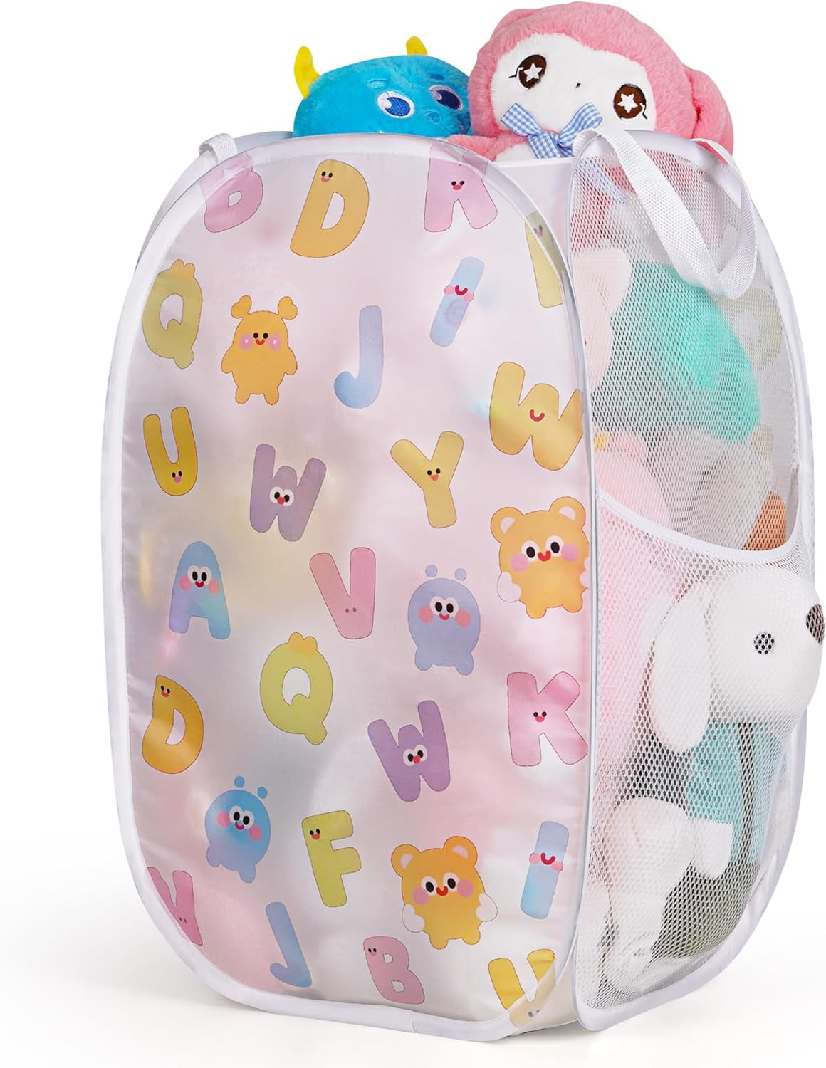 Collapsible Pop up Hamper for Baby Clothes or Toys Storage, Mesh Hamper with Handles & Side Pocket, Multi-Use Laundry Hamper & Toy Basket, Portable for Home, Travel, Dorm(White-Vertical)