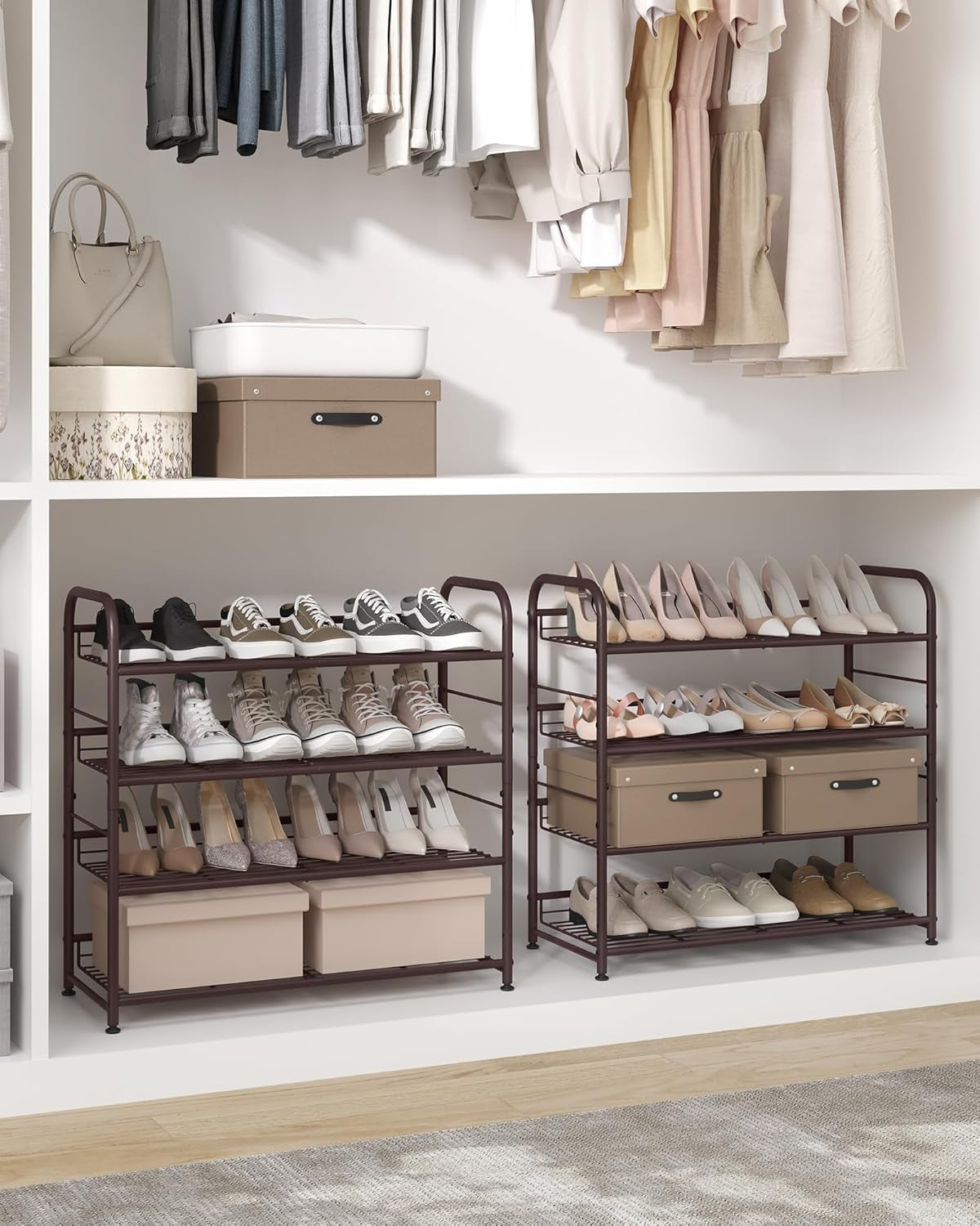 Stackable Shoe Rack, 4 Tier Metal Shoes Rack Storage Shelf, Holds up to 20 Pairs Shoes, Adjustable Slanted Shelves Tower Organizer for Closet Entryway Small Spaces, Bronze