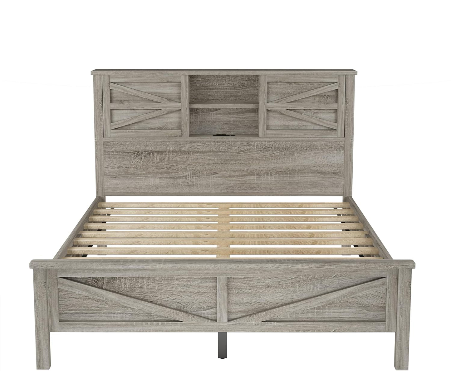 Farmhouse 3-Pieces Bedroom Sets, Queen Size Platform Bed with a Nightstand and 6-Drawer Storage, Wood Platform Bed with Double Sliding Door Storage Headboard and Charging Station (Antique Gray-3)