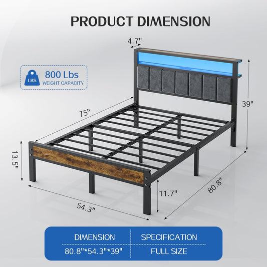 Full Size Platform Bed Frame with LED Lights, Charging Station, Grey Upholstered Headboard with 2-Tier Storage Shelves, Noise Free, No Box Spring Needed