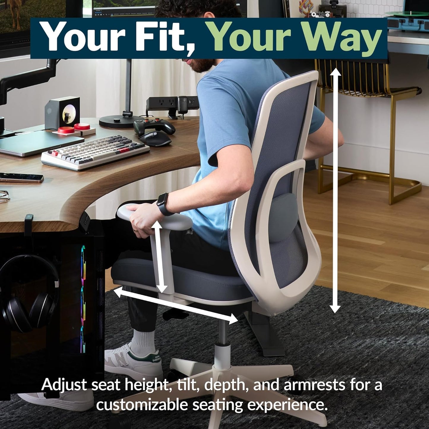 Ascent Ergonomic Desk Chair for Home Office with Wheels, Breathable Mesh Back, Lumbar Support, Adjustable Seat Depth & Height, 20 Degree Tilt Function – Easy Assembly (Cloud White/Steel Blue)