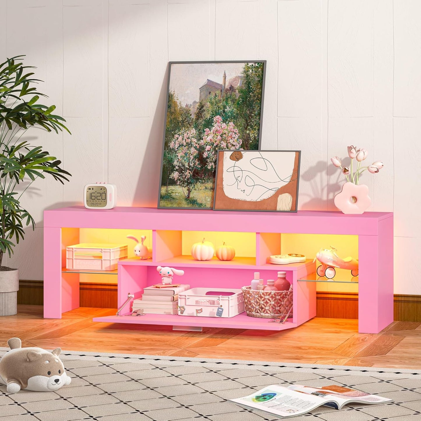 Modern Lighting 51 Inch TV Stand with Large Storage Drawer for 32 40 50 55 Inch Tvs, TV Console with 20 Color LED Lights, Entertainment Center Media and Open Shelf for Bedroom, Pink