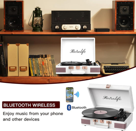Record Player 3 Speed Bluetooth Portable Suitcase Vinyl Player with Built-In Speakers Turntable Enhanced Audio Sound PU Leather Vintage Turntable