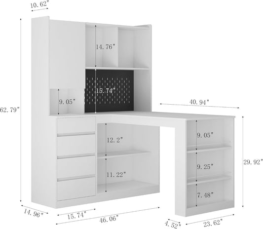 Home Office Desks with Drawers Bookcase,L Shaped Modern Wooden Gaming Computer Table for Work Study Writing,Right Side Corner Desk,White