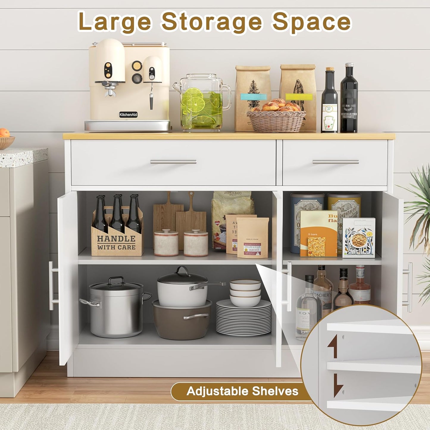 3 Doors Farmhouse Sideboard Buffet Cabinet,42" Barn Doors Buffet Cabinet with Storage,Wood Coffee Bar Cabinet with Adjustable Shelf for Kitchen,Living Room,White