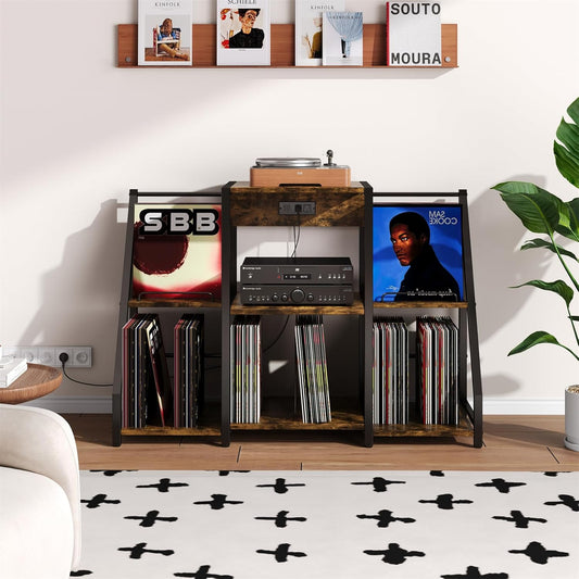 Record Player Stand, Vinyl Record Holder up to 300 Albums, Large Player Table with Power Outlet and LED Light, Vintage Storage Rack for Magazine, Book, Files, Albums