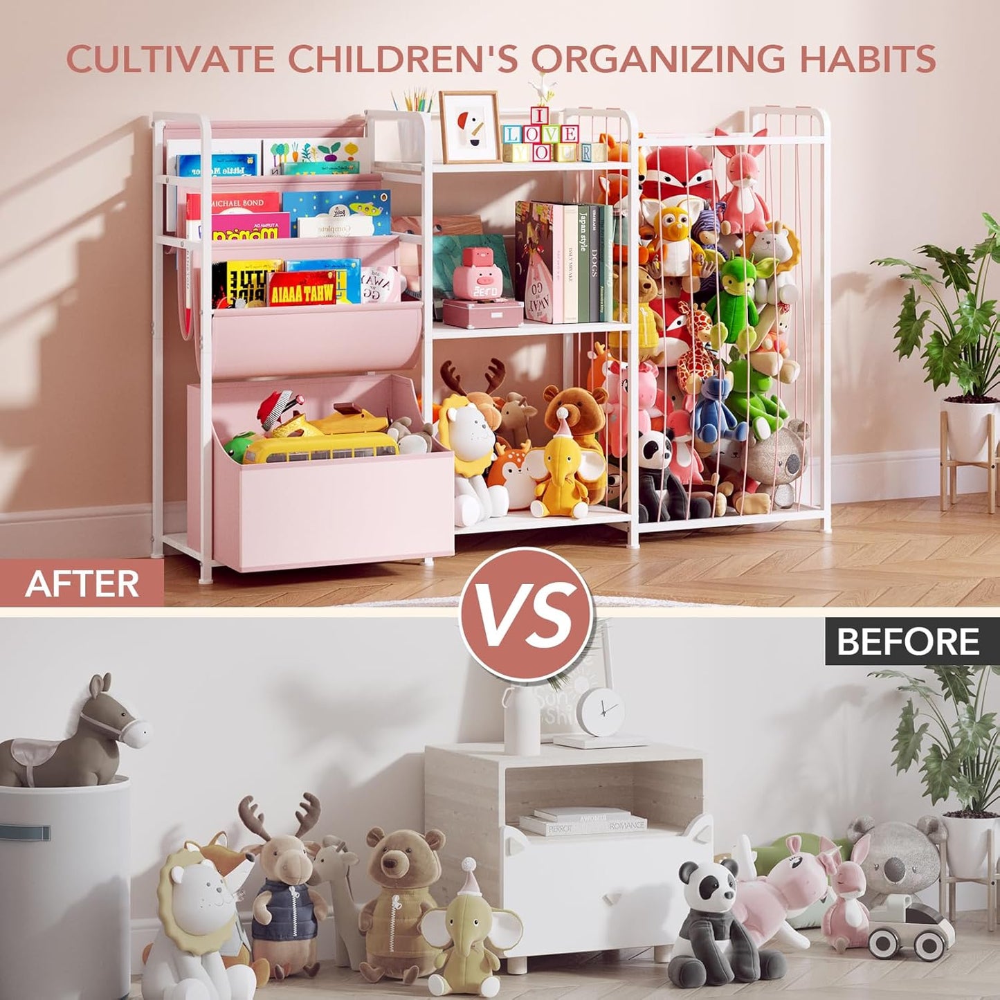 3In1 Stuffed Animal Storage Organizer - Toy Storage with Kids Bookshelf & Large Plushies Holder for Kids Room - Multi-Functional Furniture for Nursery, Bedroom, and Playroom, Pink