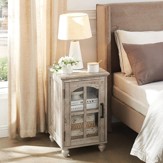 Narrow Side Table Set of 2,Farmhouse Nightstand with Charging Station,End Table with Glass Barn Door Storage, Cabinet Organizer with Adjustable Shelf, Night Stand for Small Spaces Living Room Bedroom