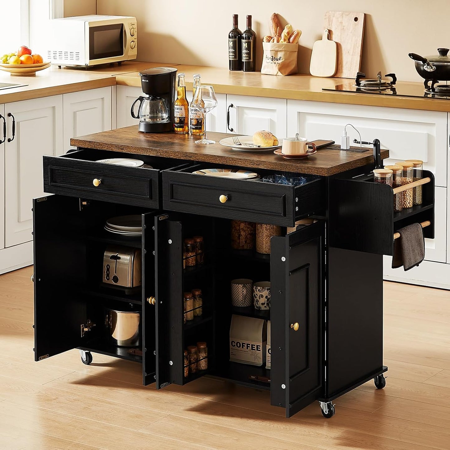 Mobile kitchen island cart with power outlet, spice rack and towel rack, view 8