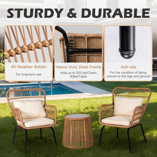3 Piece Outdoor Wicker Furniture Bistro Set, Rattan Chairs Conversation Sets Wicker Patio Furniture for Balcony Poolside Backyard, Yellow/Beige
