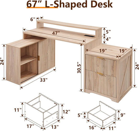 67" Modern L Shaped Desk with Storage Cabinet & Drawers, Wood Home Office Desk with Power Outlets, Fluted Computer Writing Desk, Natural Oak