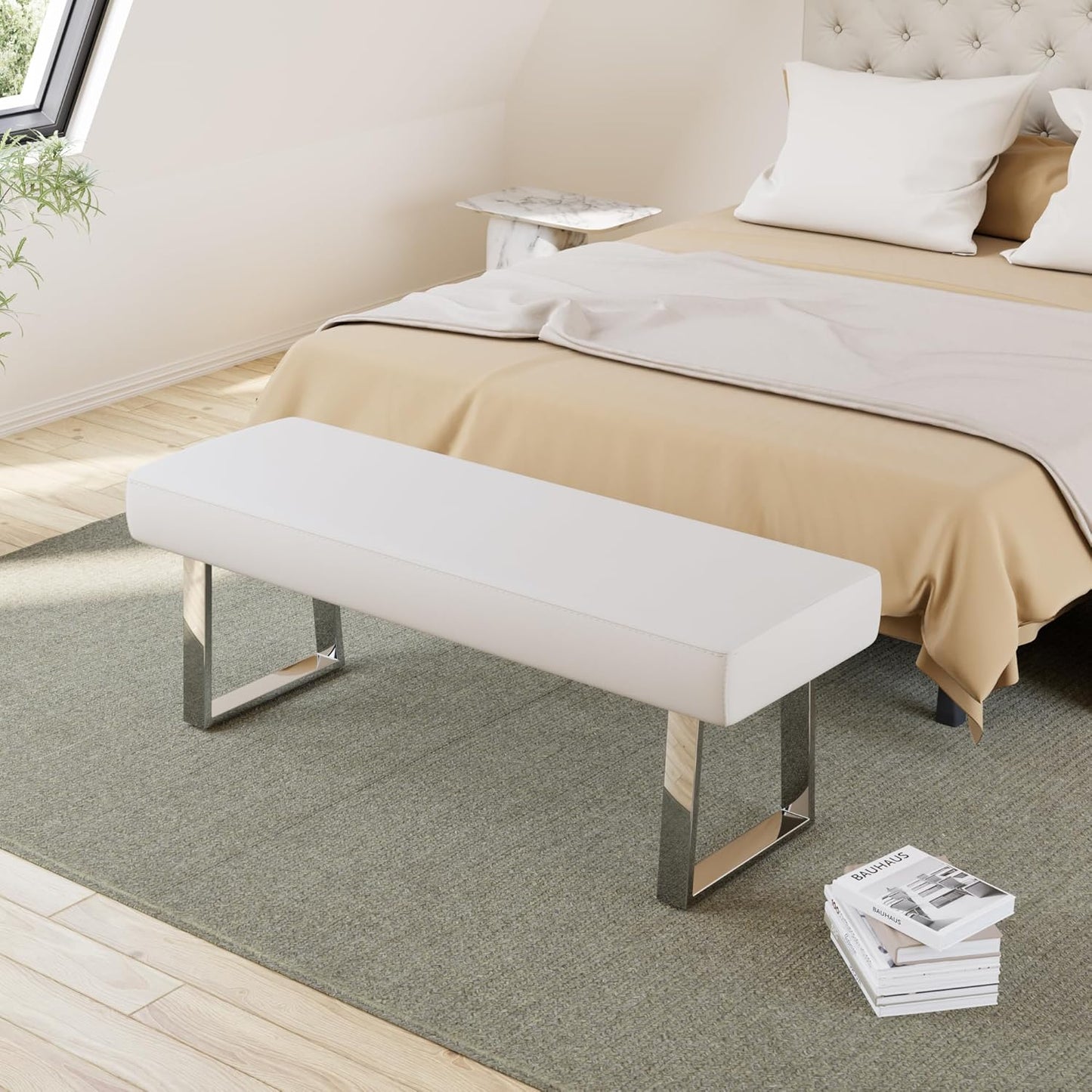 Bedroom Bench, Bed End Upholstered Bench, Indoor Corner Small Footstool with Metal Legs, for Kitchen Entryway Dining Room and Living Room Window
