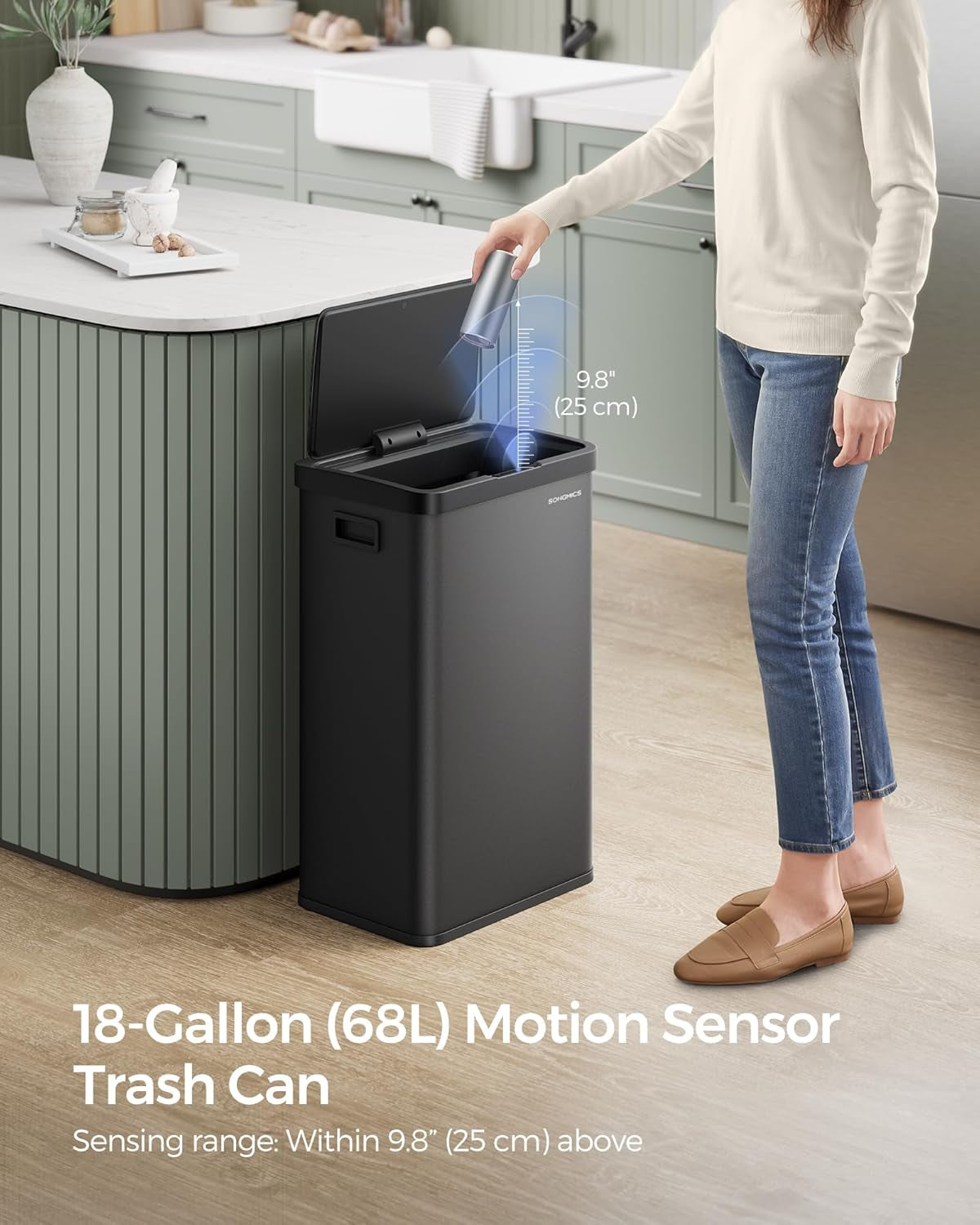 Motion Sensor Trash Can, 18-Gallon (68L) Automatic Kitchen Garbage Can with Stay-Open Lid, Soft Close, Stainless Steel, 15 Trash Bags Included, Ink Black ULTB630B68