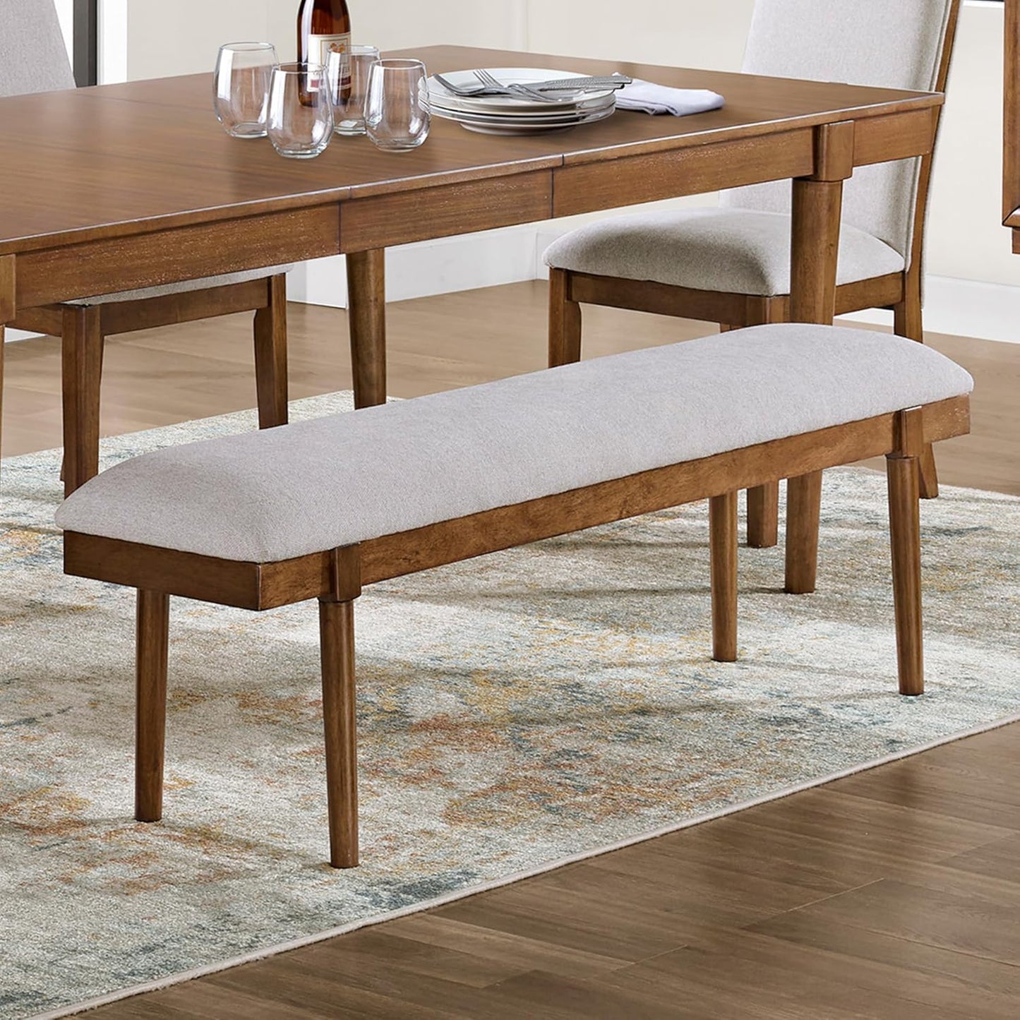 Lyncott 59" Upholstered Solid Wood Frame Dining Bench, Gray/Brown