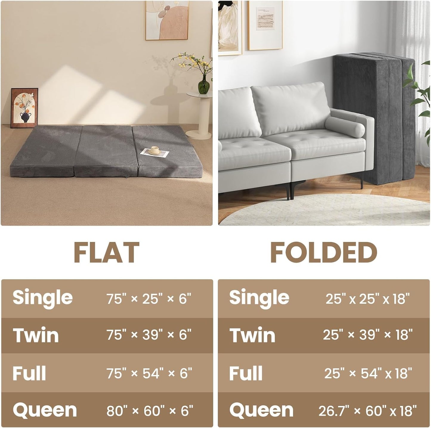 6-Inch Tri-Fold Mattress Single Size - Foldable Futon Sofa Bed with Removable Washable Cover, Folding Memory Foam Futon Mattress | Non-Slip Bottom & Carry Handles for Guest, Camping, Dorm