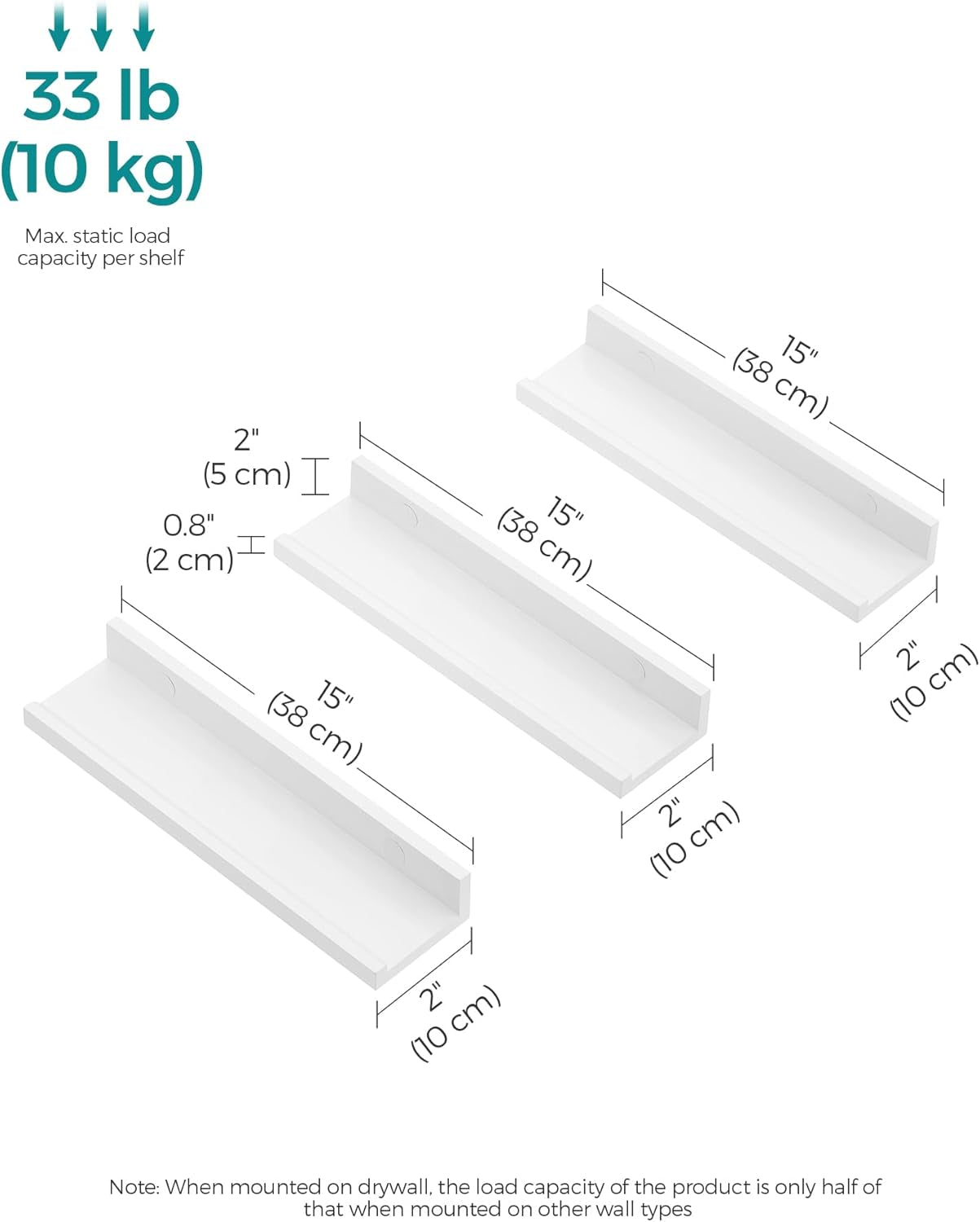 Floating Shelves, Set of 3 Wall Shelves, 15-Inch Wide, for Photo Frames and Trinkets, for Living Room, Home Office, Kitchen, Bathroom, White ULWS38WT