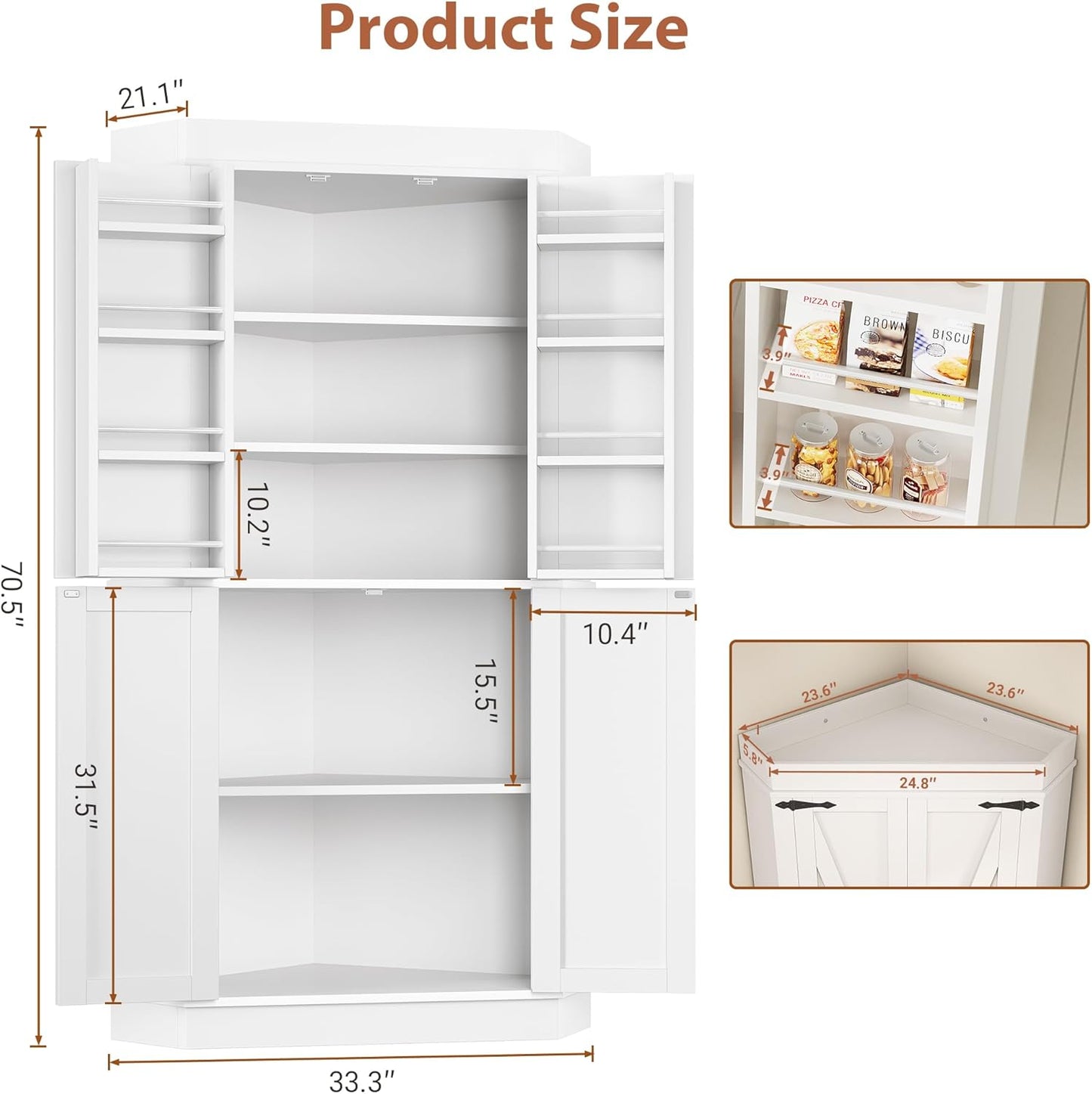 Corner Cabinet,71'' Kitchen Pantry Storage Cabinet with 4 Doors and Shelves, Tall Food Pantry Storage Cabinet Farmhouse Furniture for Kitchen Dining Room, White