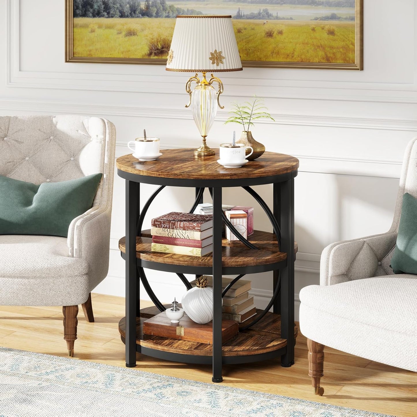 Half round End Table for Living Room, 3-Tier Half Side Table with Metal Frame, Industrial Half Moon Table with Storage Shelves, Half Circle Accent Table for Entryway, Bedroom, Rustic Brown