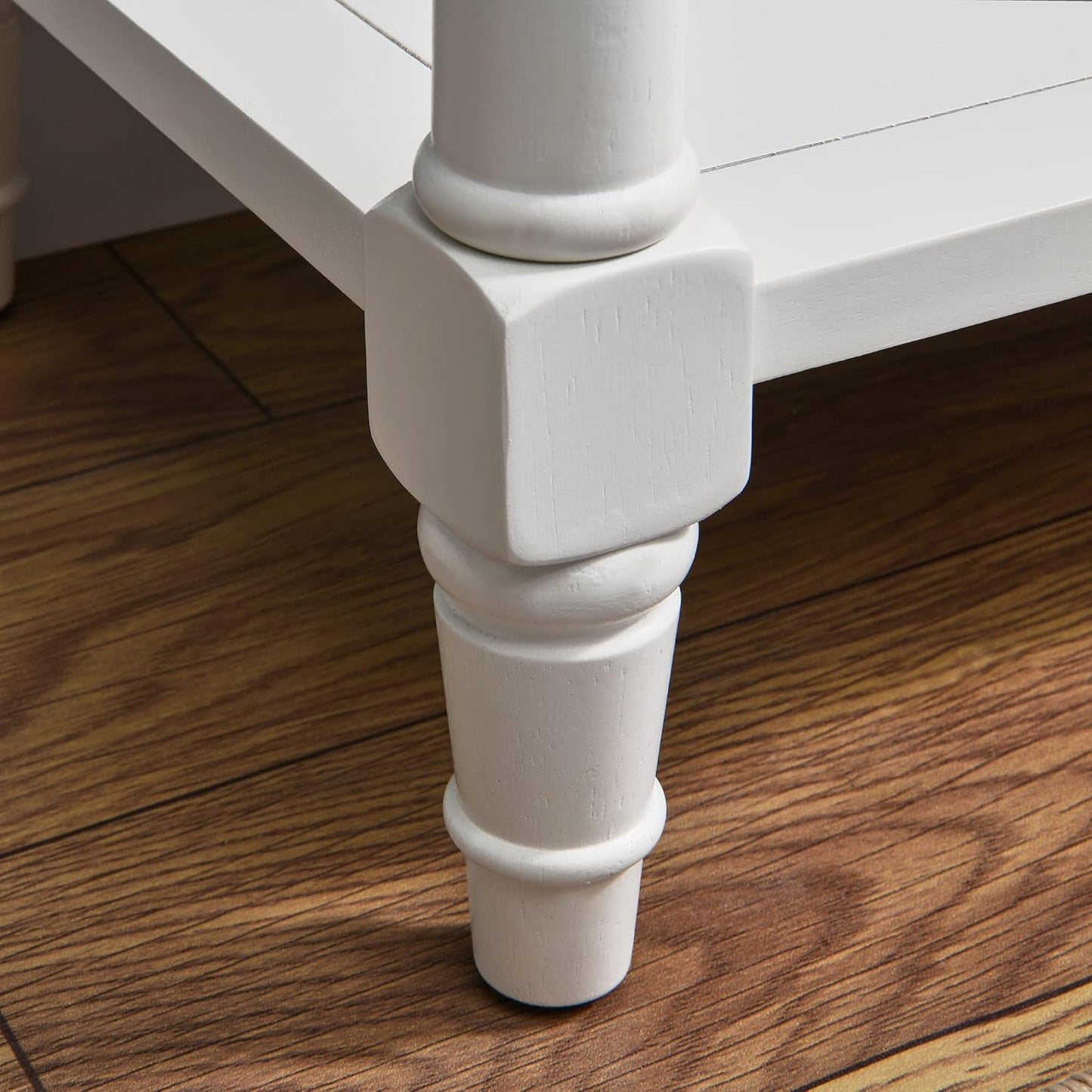 Ivory white solid wood console table with 2 drawers and storage shelf, view 8