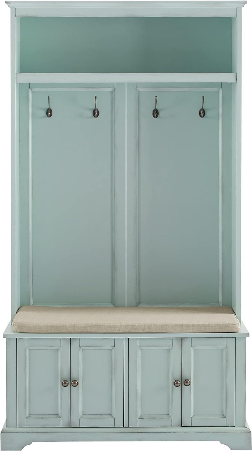 Holbrook Hall Tree with Shoe Rack Bench and Coat Hooks for Hanging Storage, Distressed Seafoam Blue