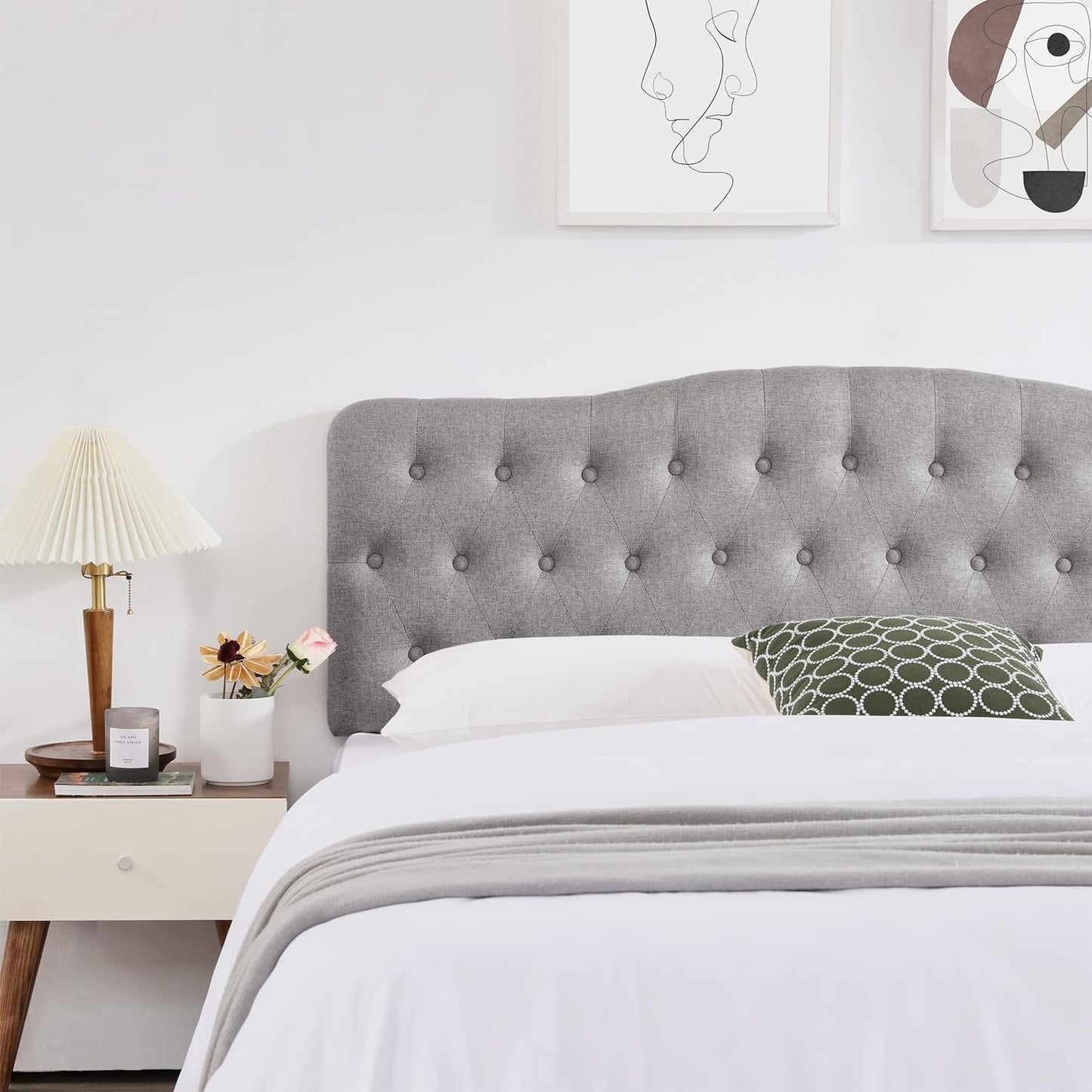 Upholstered Queen Headboard, Button Diamond Tufted Headboard with Adjustable Height and Solid Wood Leg, Linen Fabric Padded Headboards for Queen Size Bed, Mordern Head Board, Grey
