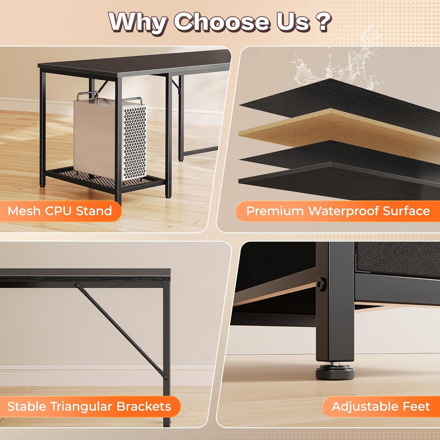 66 Inch L Shaped Computer Desk with Power Outlets and LED Lights, Home Office Desk with Fabric Drawers and Print Stand, L Shape or Long Set Up, Monitor Stand, Mesh CPU Stand, Black