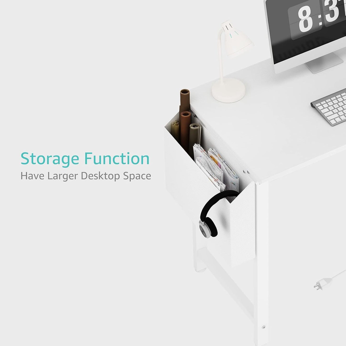 White computer desk with built-in charging station and USB port, view 7