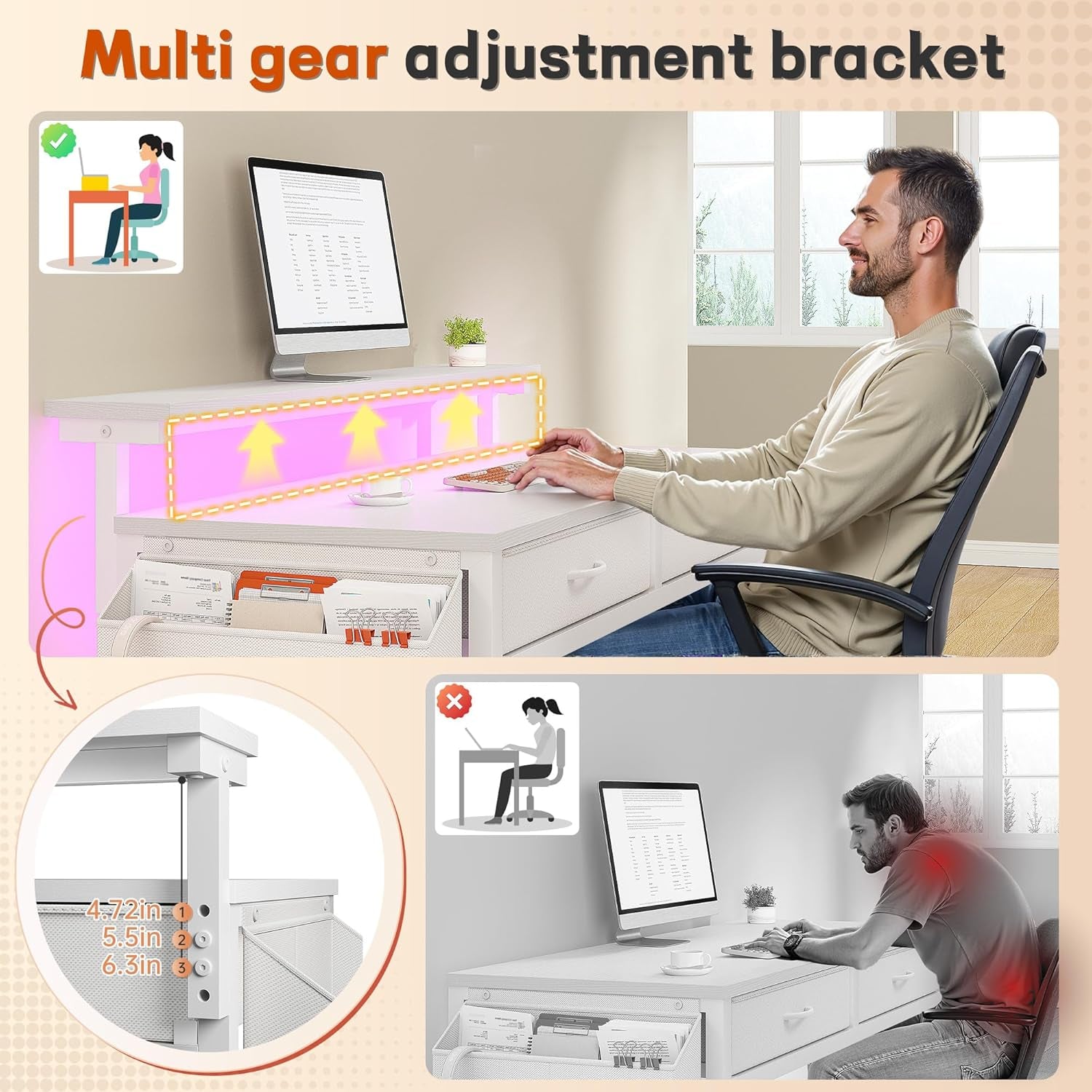 Computer Desk with 2 Drawers & LED Lights,31.5 Inch Home Office Desks with Side Pocket and Monitor Stand,Study Writing Table for Small Spaces,White