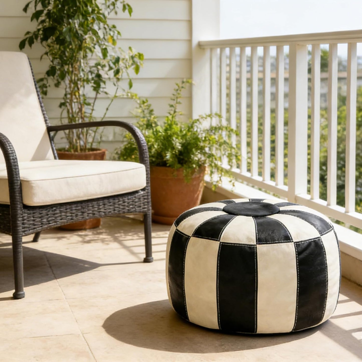 Unstuffed Moroccan Ottoman Pouf Cover, Ottoman Footstool Storage Solution, Bean Bag Chair, Foot Rest, Multi-Black&White