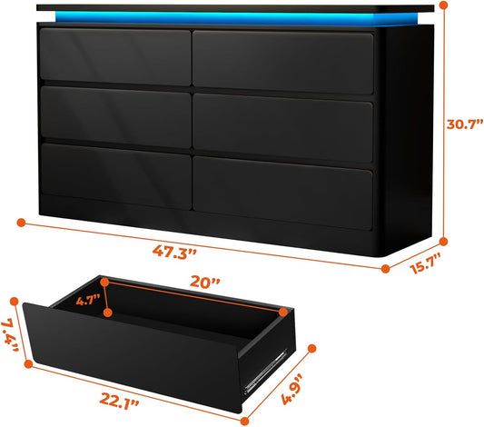 6 Drawer Black Dresser for Bedroom, 47.2" Long Chest of Drawers with Charging Station & LED Lights, Double Wooden Storage Cabinet for Closet,Modern Dresser TV Stand with Deep Drawers