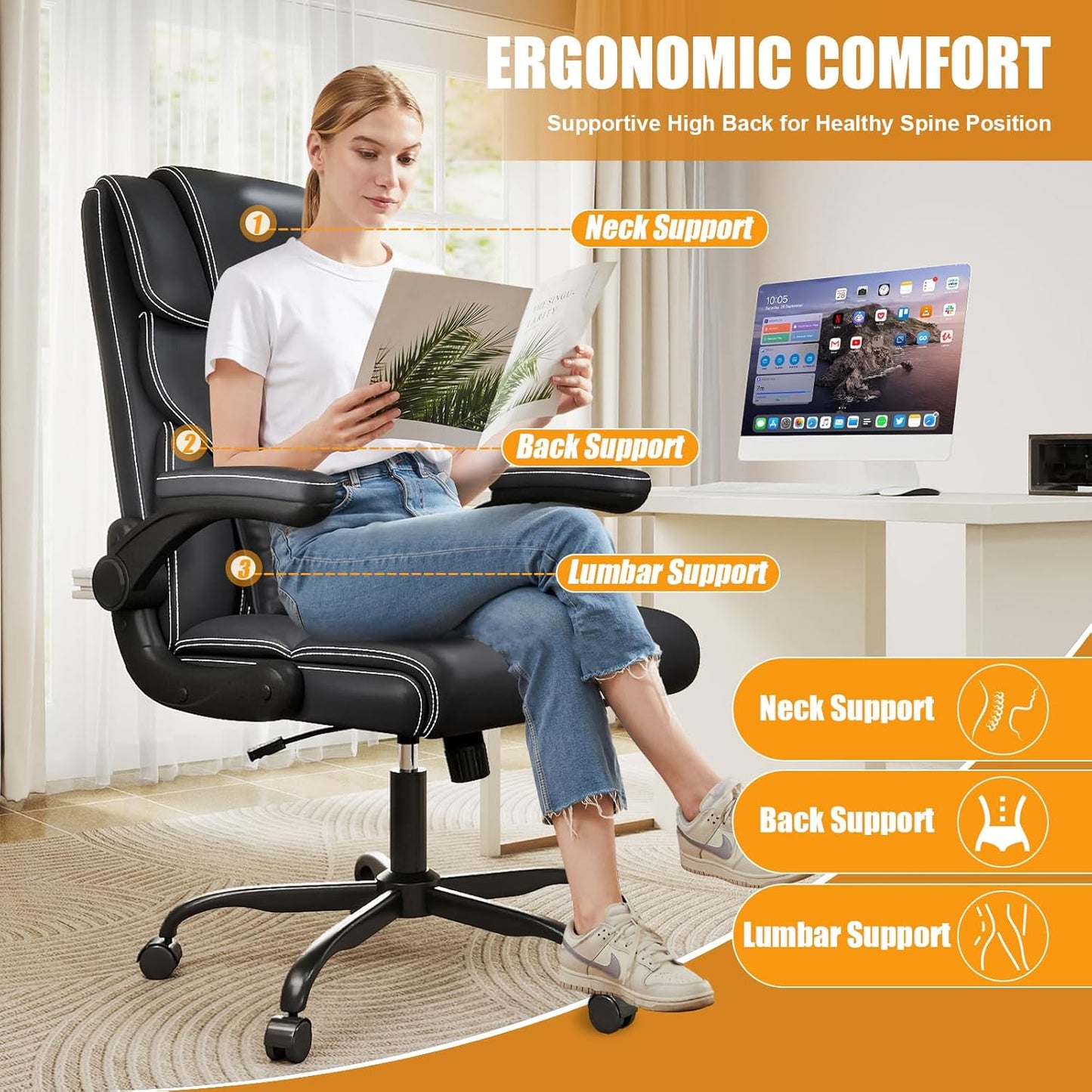 Executive Office Chair with Flip-Up Armrests,Ergonomic Computer Desk Chairs,Big and Tall Leather Office Chair 400Lbs,Lumbar Support Swivel PC Chair with Rocking Function